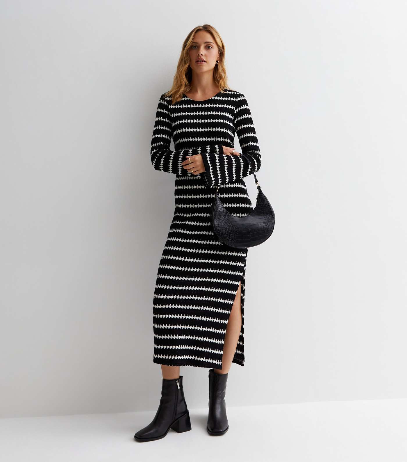 Black Stripe Knit Split Hem Midi Dress Image 3