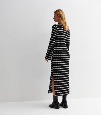 Black Stripe Knit Split Hem Midi Dress New Look