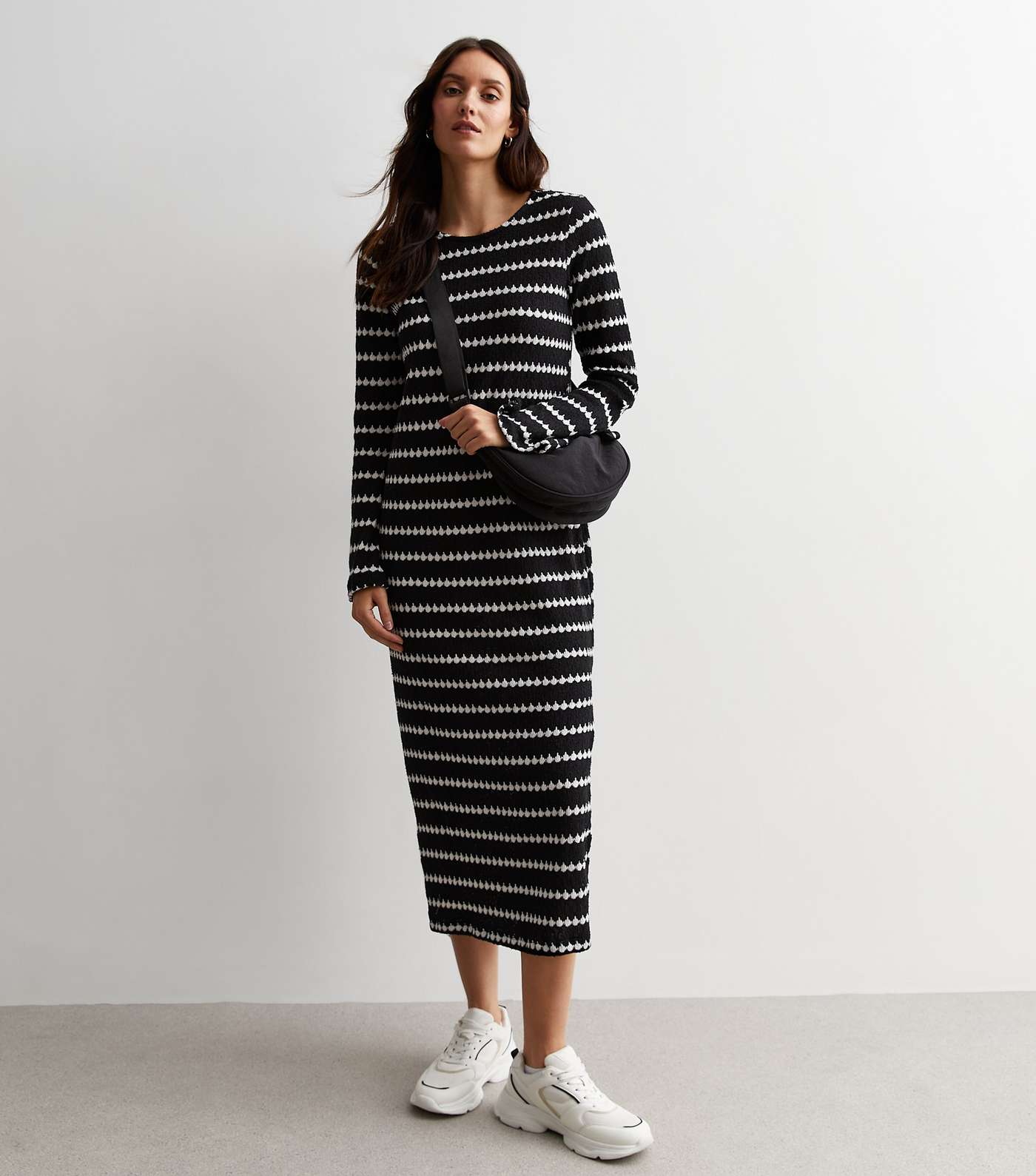 Black Stripe Knit Split Hem Midi Dress Image 5