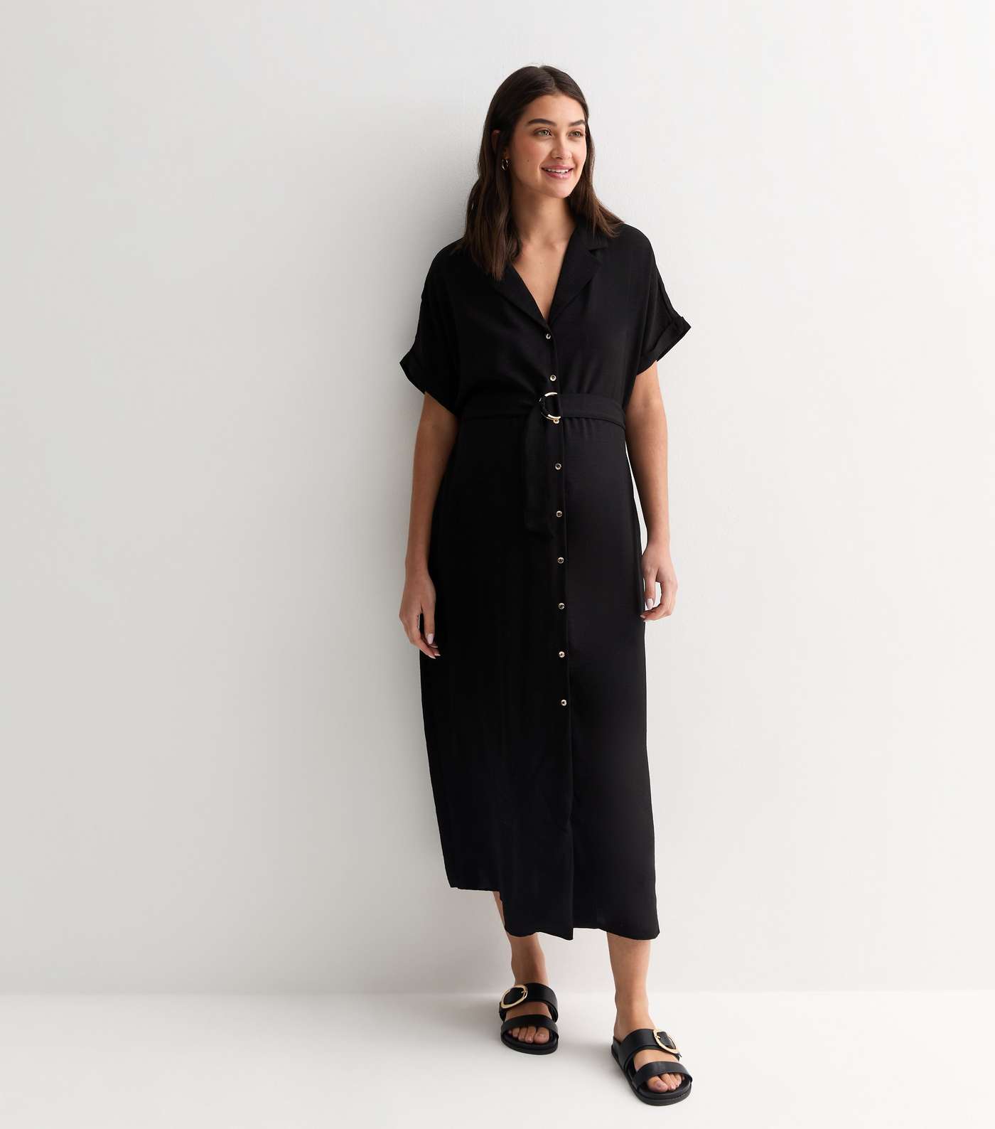 Maternity Black Belted Midi Shirt Dress Image 3