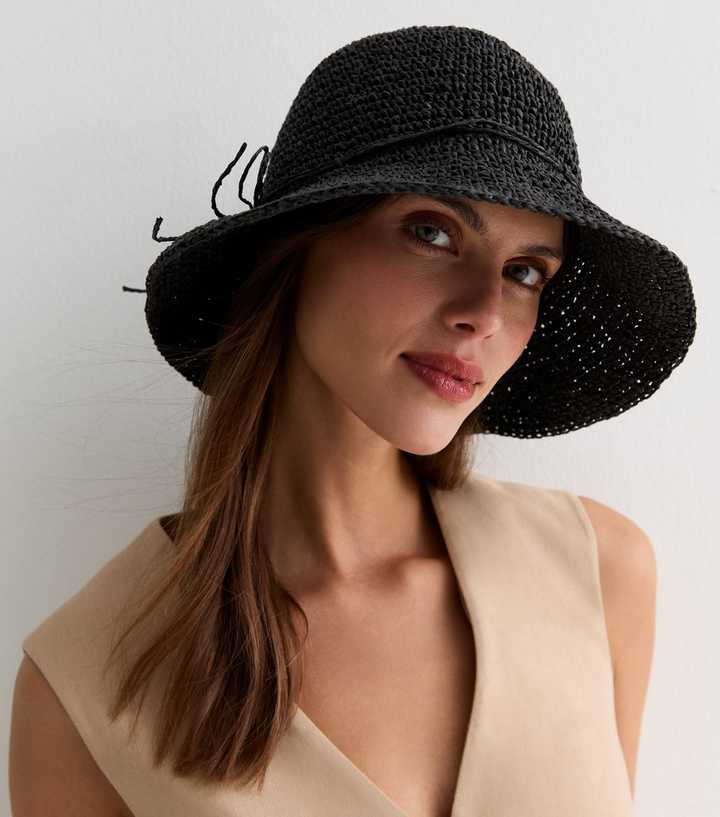 New Look Black Straw Effect Packable Bucket Hat