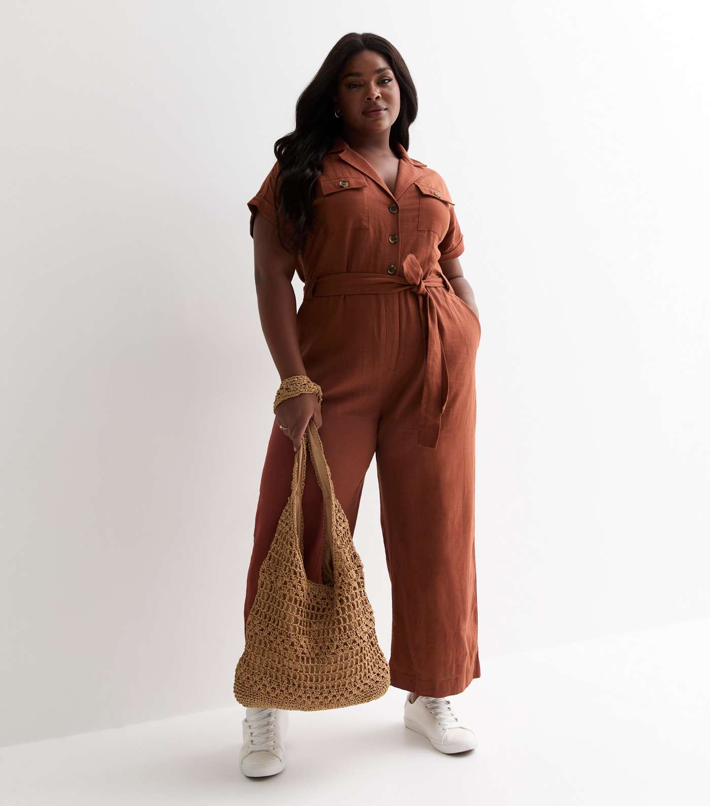 Curves Rust Cotton Belted Utility Jumpsuit Image 3