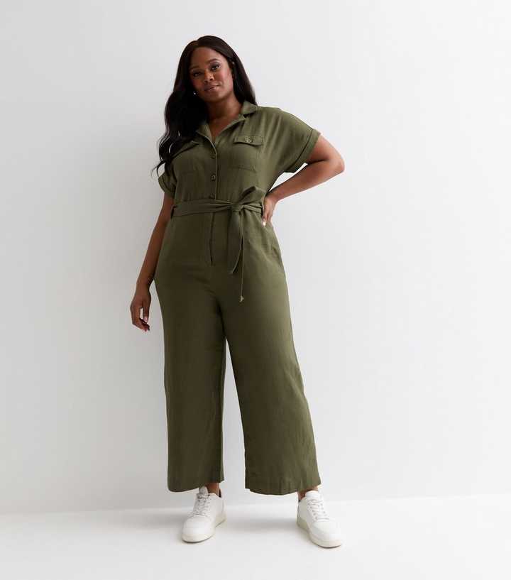 Curves Khaki Cotton Belted Utility Jumpsuit