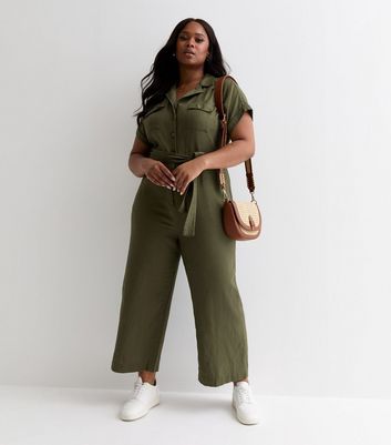 Curves Khaki Cotton Belted Utility Jumpsuit New Look