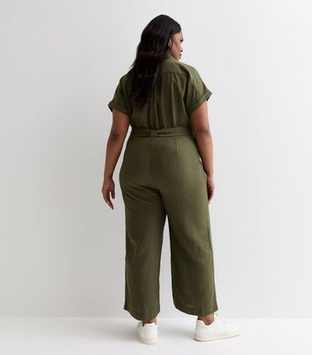 Curves Khaki Cotton Belted Utility Jumpsuit New Look
