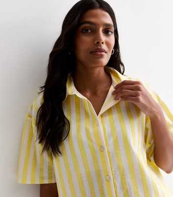 Orange Yellow Stripe Linen Blend Short Sleeve Shirt