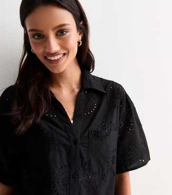 Black Cotton Embroidered Short Sleeve Shirt