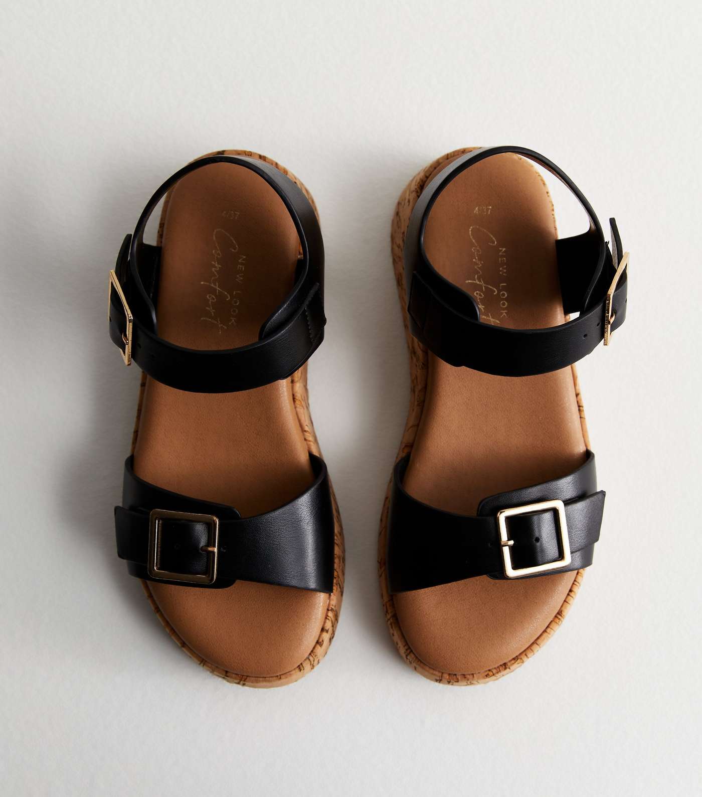Black Leather-Look Cork Flatform Sandals Image 3
