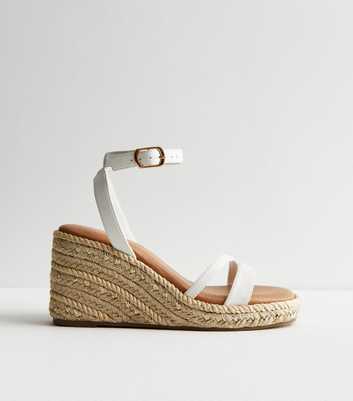 White Leather-Look Strappy Espadrille Wedge Heel Sandals