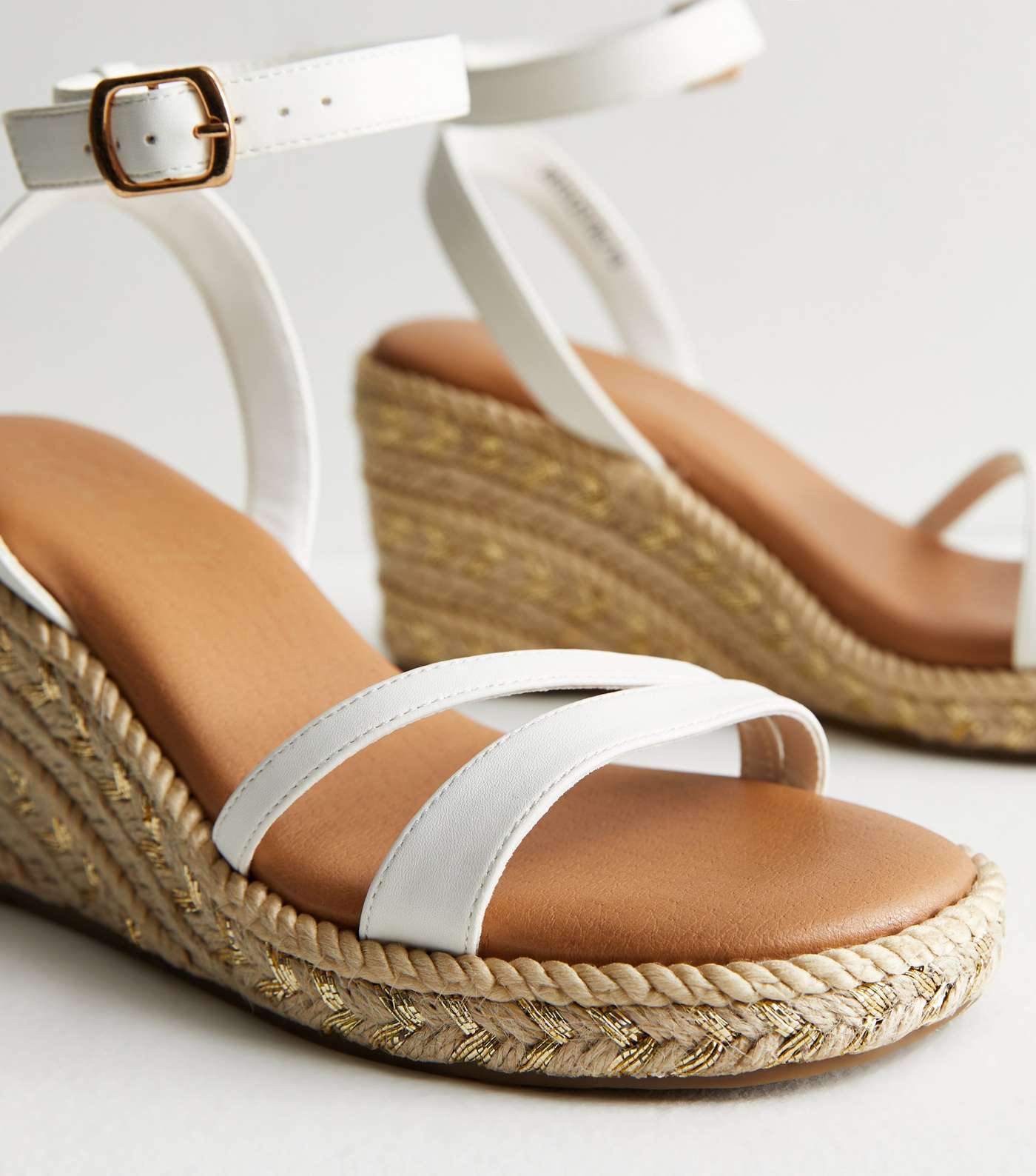 White Leather-Look Strappy Espadrille Wedge Heel Sandals Image 5