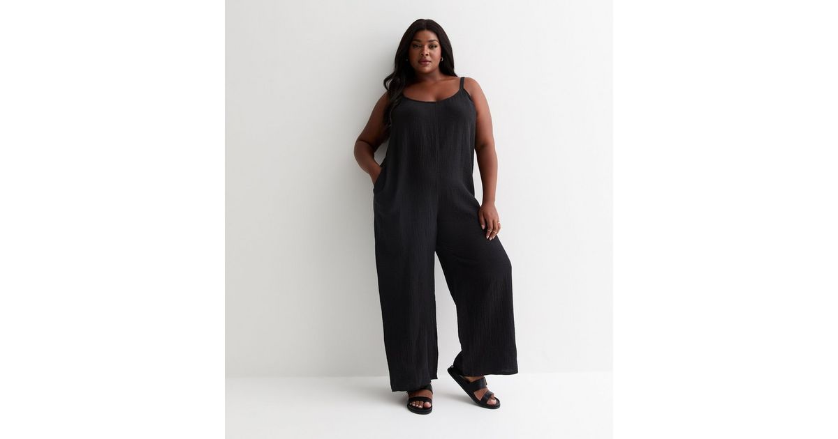 Curves Black Crinkle Cotton Strappy Jumpsuit | New Look