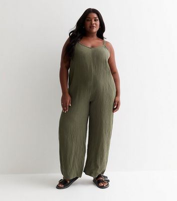 Curves Khaki Crinkle Cotton Strappy Jumpsuit New Look