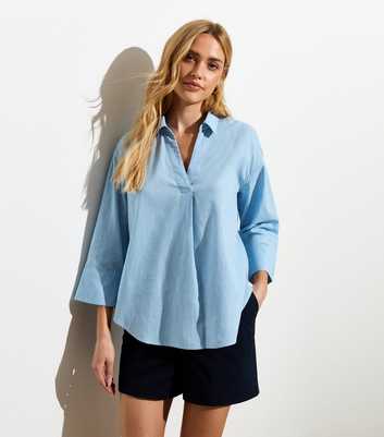 Pale Blue 3/4 Sleeve Cotton-Linen Blend Shirt
