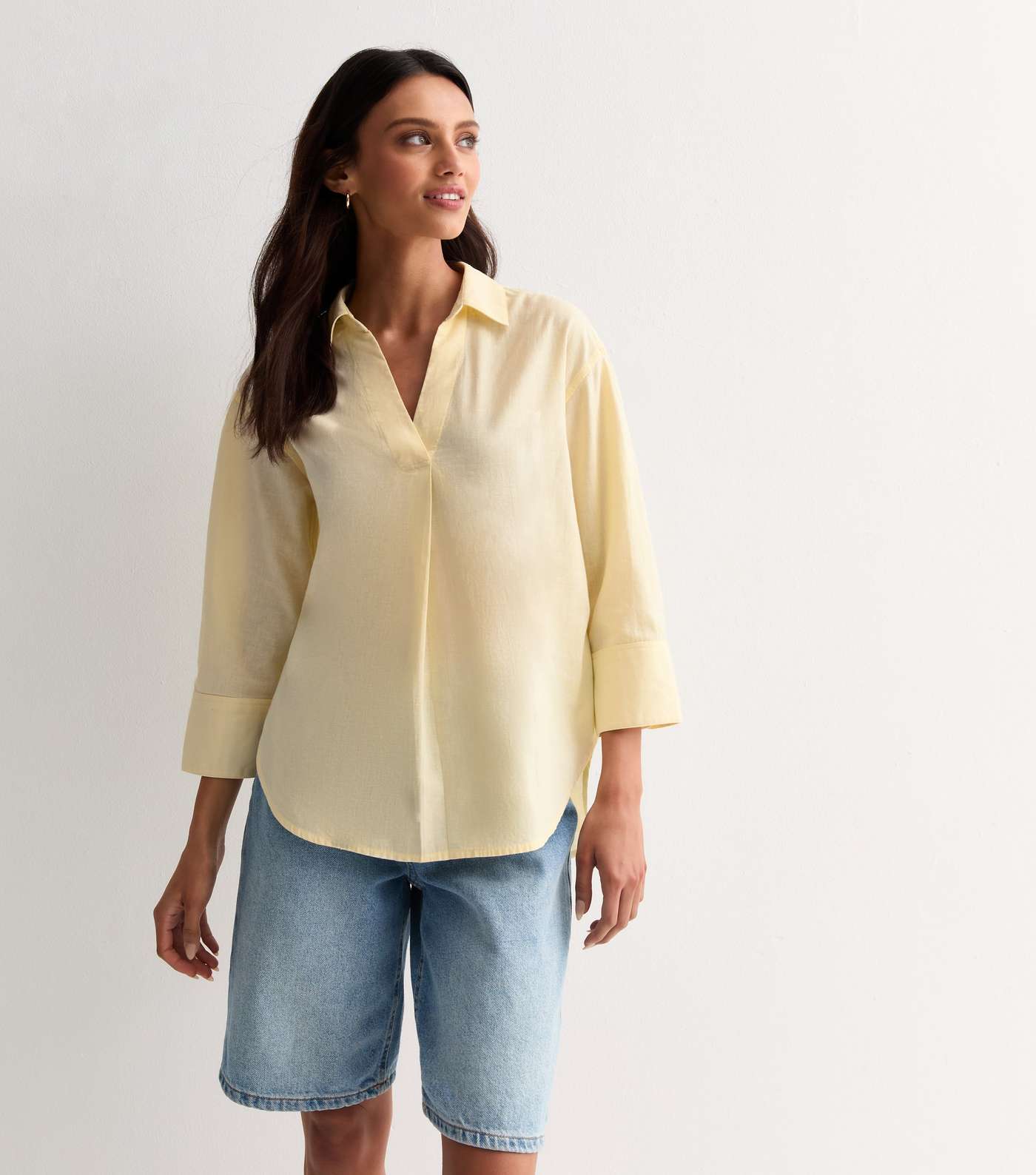 Pale Yellow 3/4 Sleeve Cotton-Linen Blend Shirt Image 2