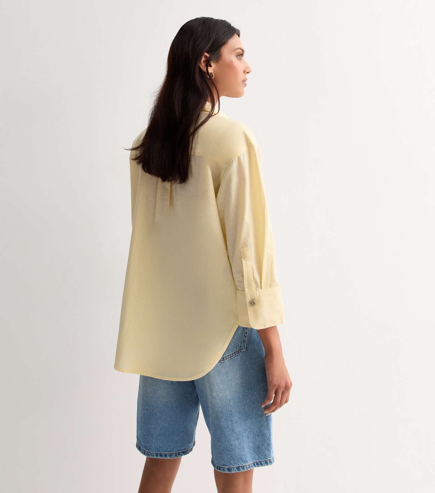 Pale Yellow 3/4 Sleeve Cotton-Linen Blend Shirt Image 4