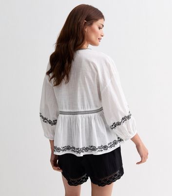 White Cotton Embroidered Floral Puff Sleeve Top New Look