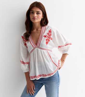 Red Cotton Embroidered Floral Puff Sleeve Top