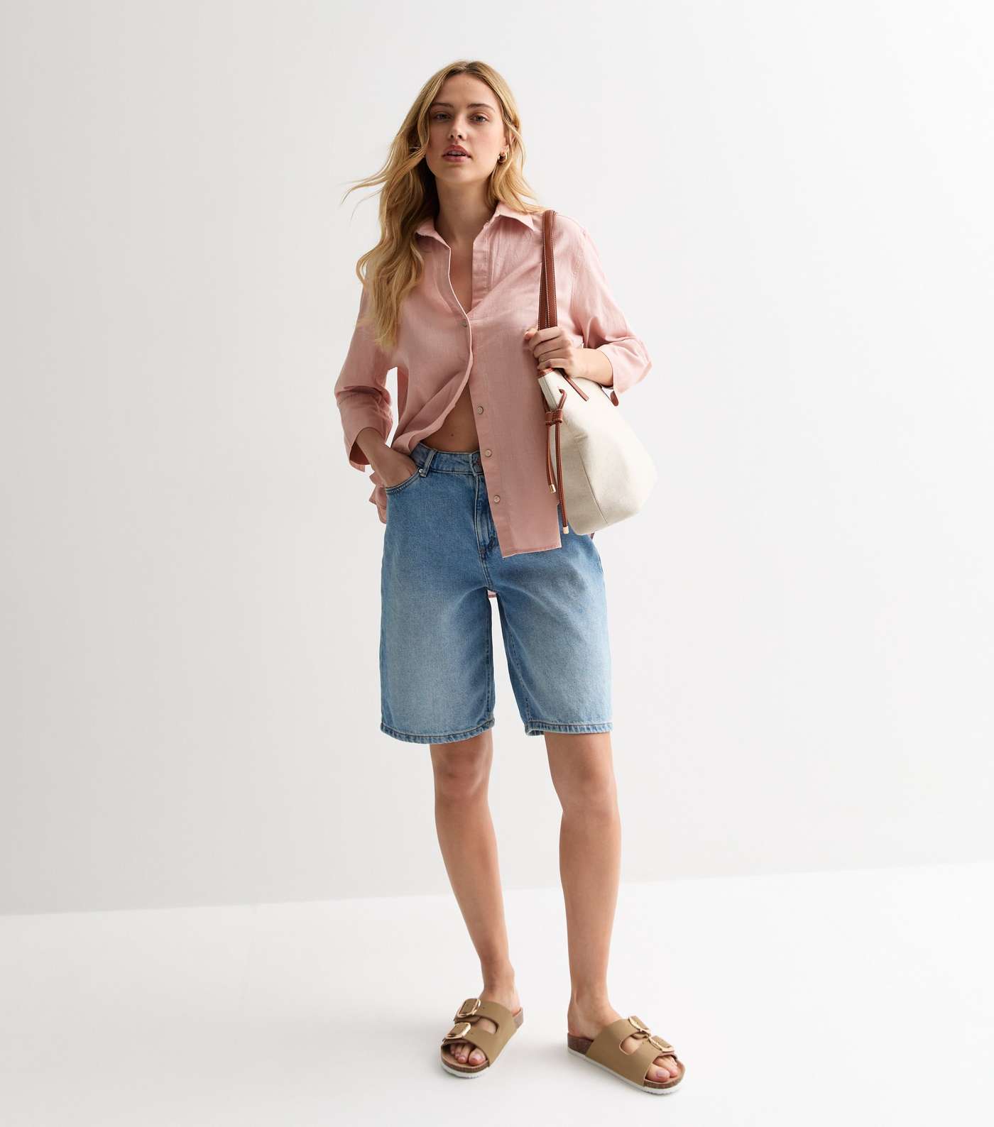 Pale Pink Linen-Look 3/4 Sleeve Shirt Image 3