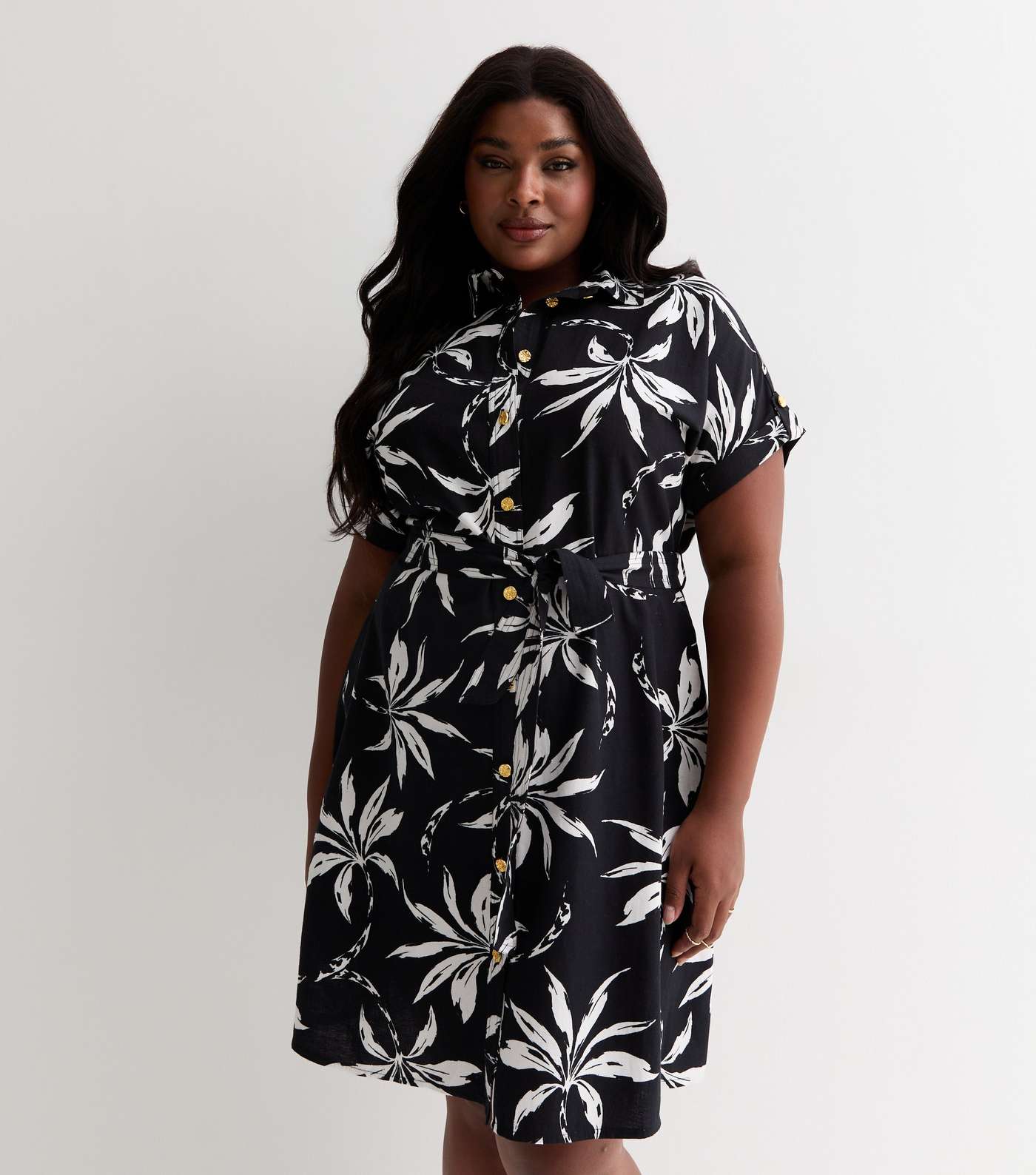 Curves Black Palm Print Belted Mini Shirt Dress Image 3