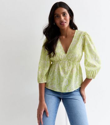 Green Floral Puff Sleeve Top New Look