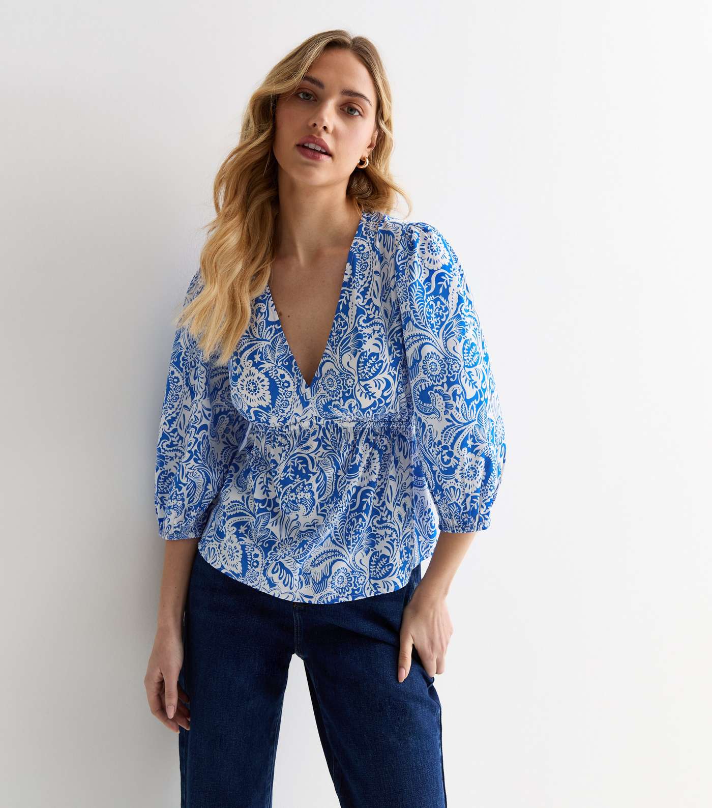Blue Floral Puff Sleeve Top | New Look