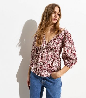 Red Floral Puff Sleeve Top New Look