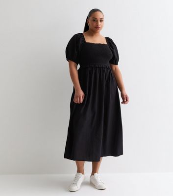 Curves Black Square Neck Shirred Midi Dress | New Look