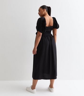 Curves Black Square Neck Shirred Midi Dress New Look