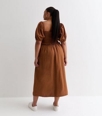 Curves Rust Square Neck Shirred Midi Dress New Look