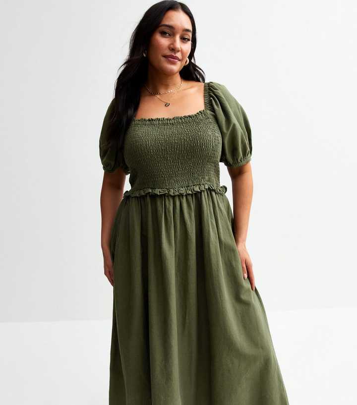 Curves Khaki Square Neck Shirred Midi Dress