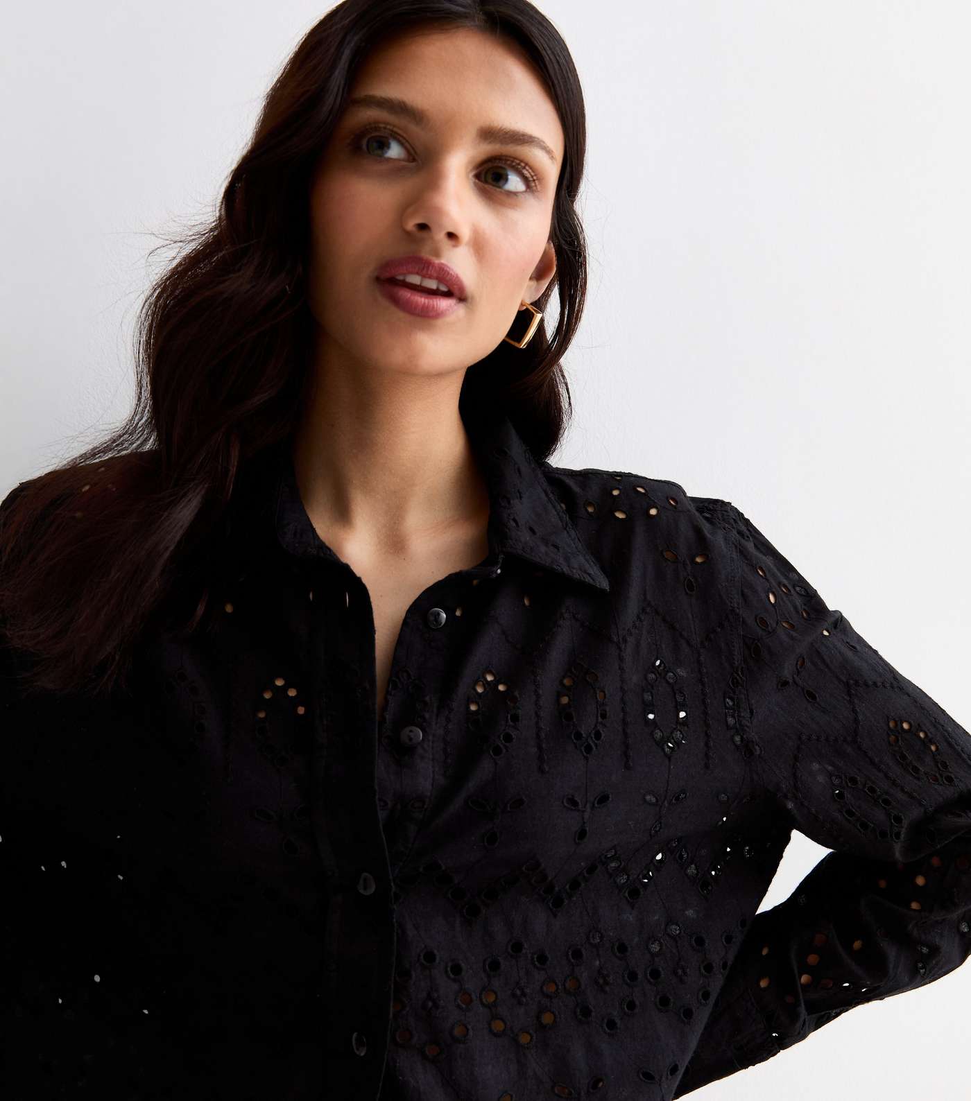 Black Cotton Broderie Long Sleeve Shirt Image 2