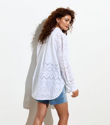 White Cotton Broderie Long Sleeve Shirt New Look