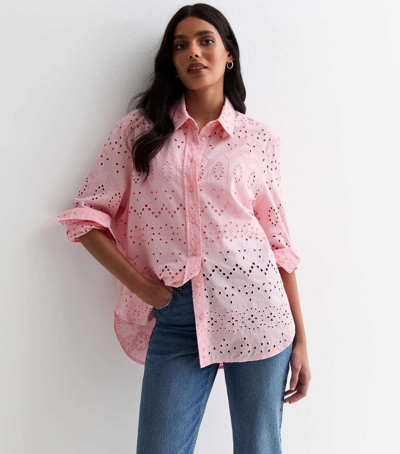 Pink Cotton Broderie Long Sleeve Shirt Image 2