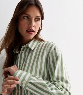 Green Stripe Linen-Look Long Sleeve Shirt New Look