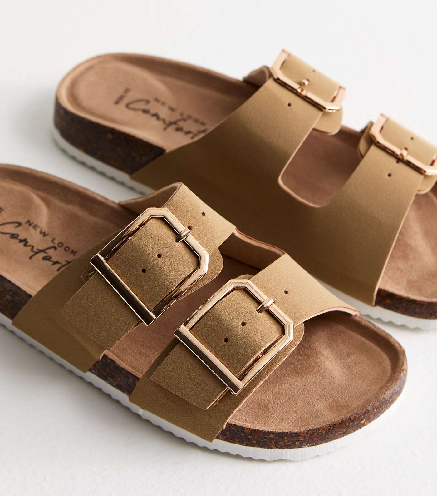 Wide Fit Light Brown Suedette Double Strap Sliders Image 3