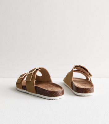 Wide Fit Light Brown Suedette Double Strap Sliders New Look