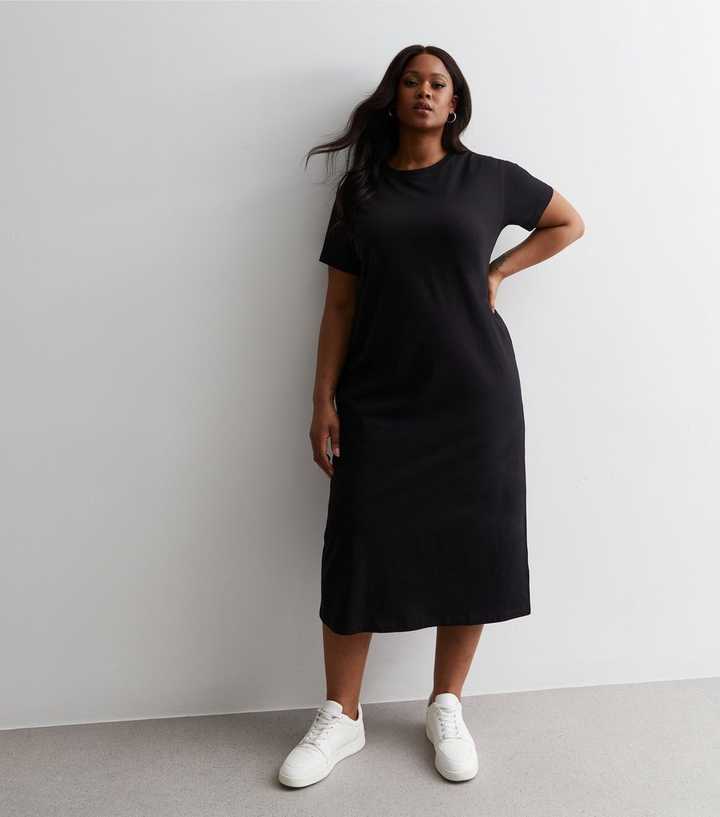 new look t shirt dress Petite Black Cotton T-Shirt Midi Dress