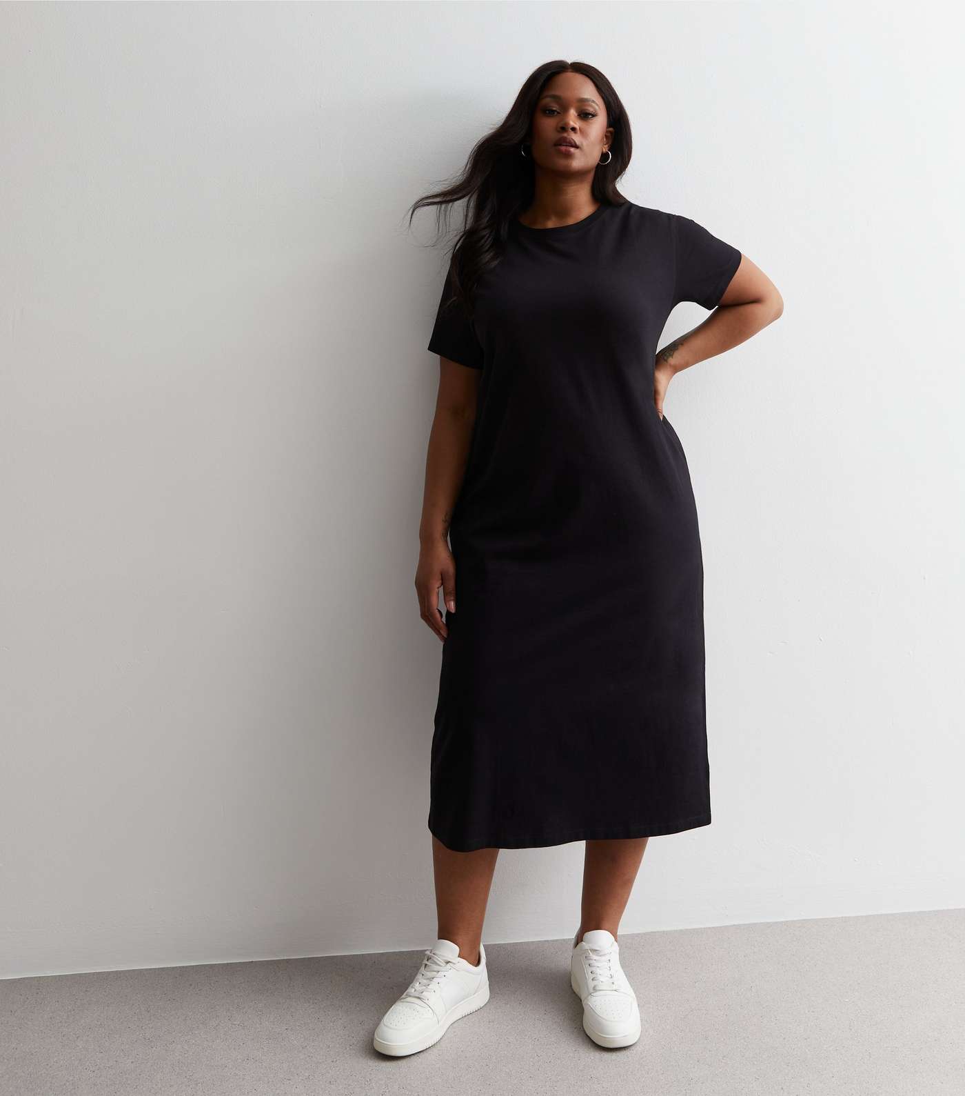 Curves Black Cotton Midaxi T-Shirt Dress Image 3