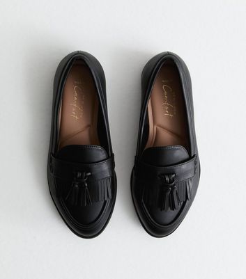 Wide Fit Black Leather-Look Tassel Front Loafers New Look