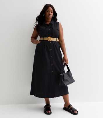 Curves Black Belted Sleeveless Midi Shirt Dress