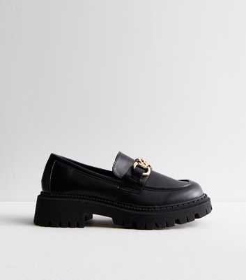Black Leather-Look Chain Chunky Loafers