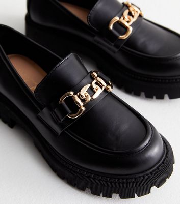 Black Leather-Look Chain Chunky Loafers New Look