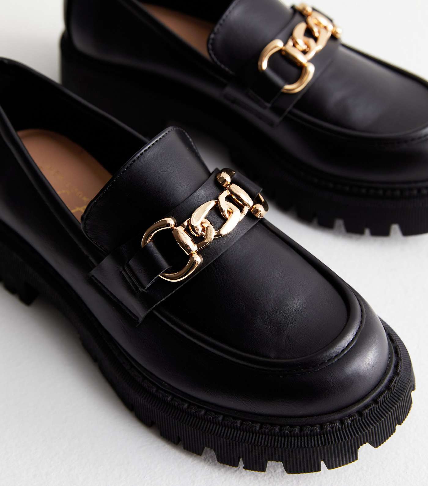 Black Leather-Look Chain Chunky Loafers Image 5