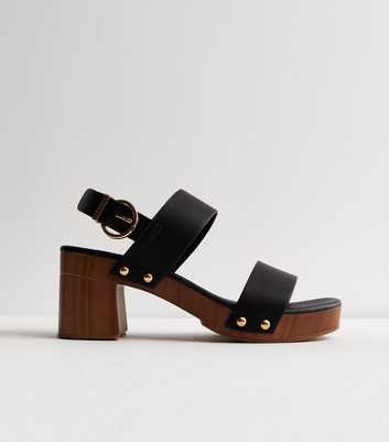 Black Leather-Look 2 Part Block Heel Clog Sandals