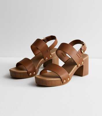 Tan Leather-Look 2 Part Clog Block Heel Clog Sandals