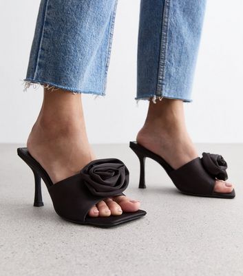 Public Desire Black Flower Stiletto Heel Mule Sandals New Look