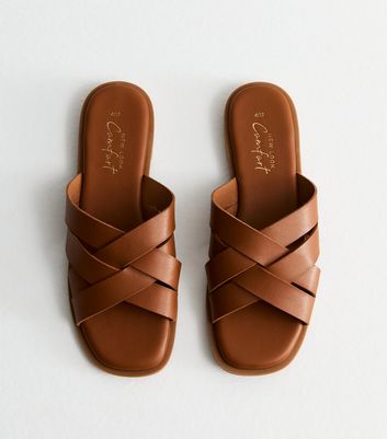Tan Leather-Look Cross Strap Mule Sandals New Look