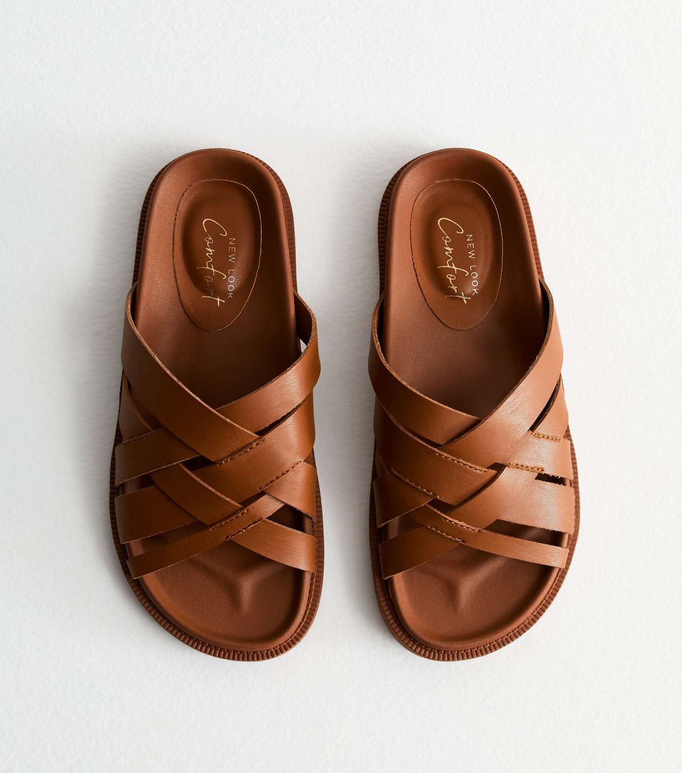 Tan Leather-Look Cross Strap Chunky Sandals