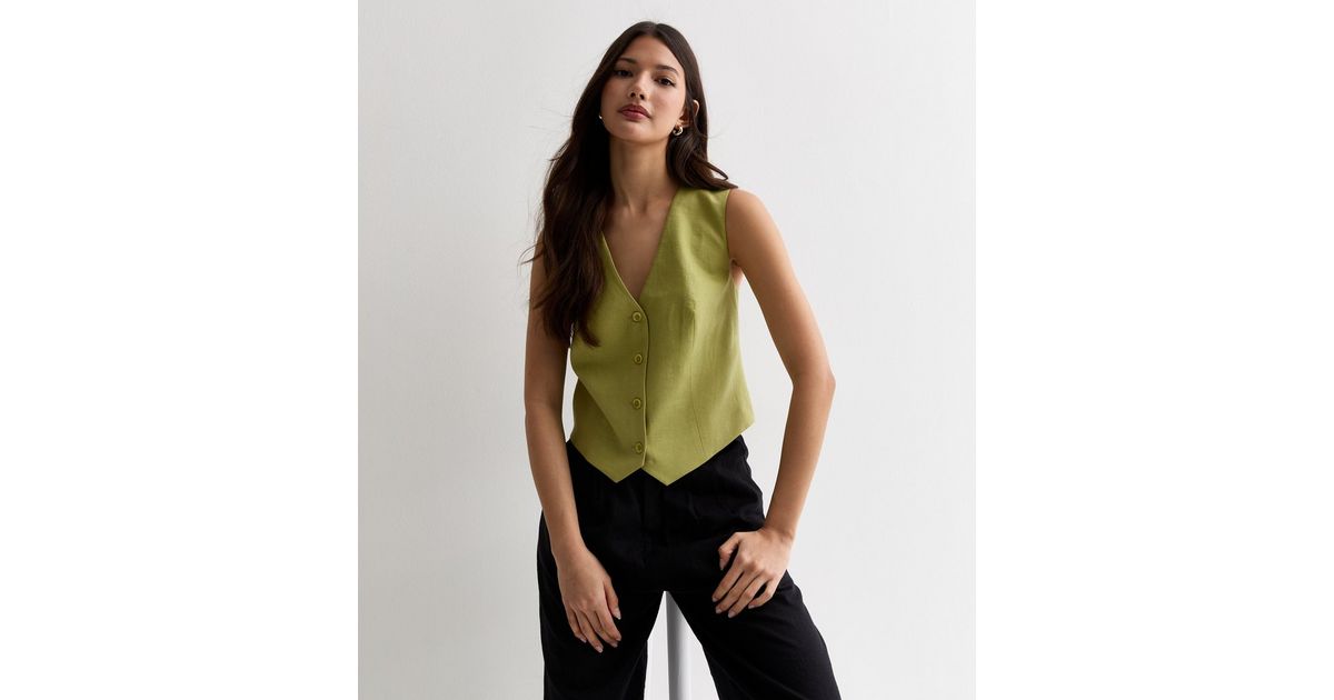 Green Linen Blend Button Front Waistcoat | New Look