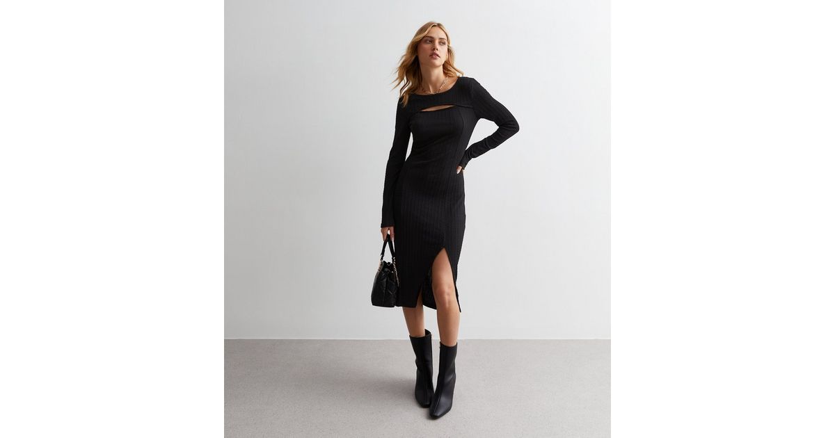 Cutie London Black Ribbed Knit Cut Out Bodycon Midi Dress | New Look